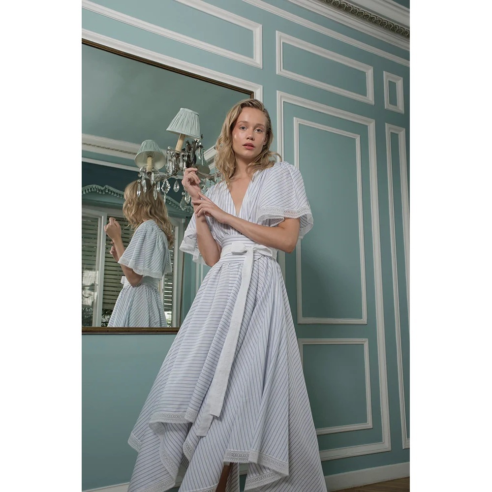 Evi Grintela The Shirt Dress Romy Pinstripe Belted Lace Asymmetrical Midi Maxi M